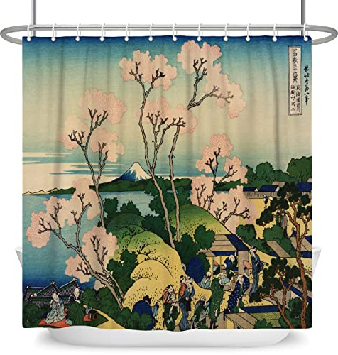 SDOTPMT 90x183cm Japonés Primavera Paisaje Cortina de Ducha Cereza Florecer Ukiyo-e Kanagawa Cortina de baño Montaña Fuji Orientar Étnico Animado Cortina bañera para Baño Poliéster con Ganchos