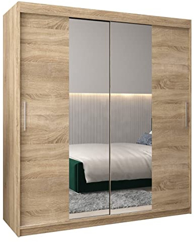 ABIKSMEBLE Tokio 1 180 Armario 2 Puertas Correderas para Dormitorio - Armario Moderno con Espejo, Barra y Estantes - 180x200x62 cm (Ancho x Alto x Fondo) - Sonoma
