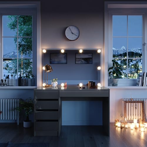 Vicco Schminktisch Sherry, Grau, 120 cm | mit LED Beleuchtung, mit LED-Beleuchtung und großem rechteckigem Spiegel