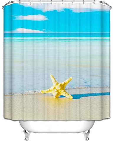 EHOMERY Duschvorhanghaken Ringe Duschrollo Auf Maß Ozean-Seestern Duschvorhang Schienensystem Duschrollo Für Badewanne Ohne Bohren Polyester Rostfreie Ösen Und 12 Hakenringe, 140X180Cm