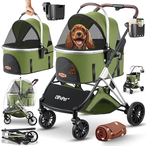LOVPET® Cochecito para Perros y Gatos 3en1 Carrito Plegable | Transporte Bolsa 360° Ruedas Grandes | Transportín para Mascotas, Red & Cubierta para la lluvia, Jogger