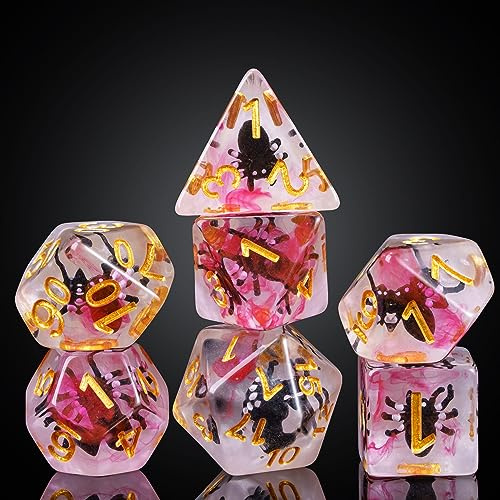 Cusdie Set med 7 tärningar, D&D-tärningar, set med polyedriska tärningar fyllda med djur, för rollspel, spelet Dungeons & Dragons, MTG Pathfinder (svart spindel)
