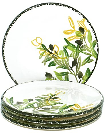 Lashuma 4x Mittelteller grün weiß, mittelgroßeTellerset Keramik Oliven 19 cm Ø