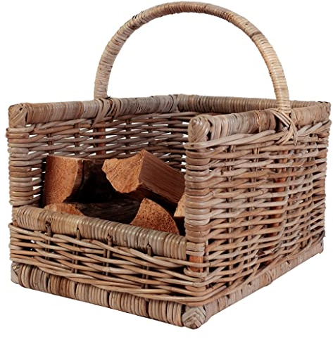 Wicker Log Cradle Kindling Basket Firewood Store Fireside Log Burner Fireplace Wood Storage Crate with Carrying Handle (L)