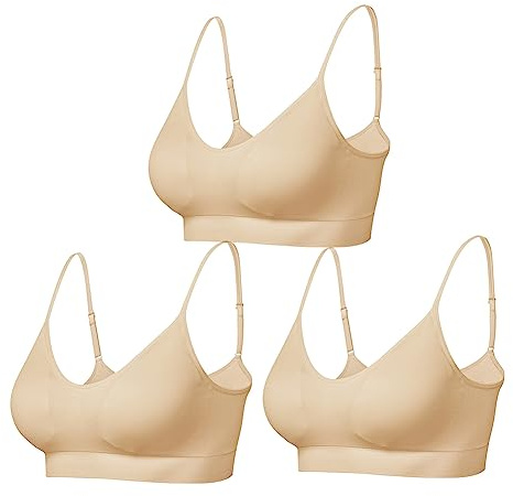 Comfyin Bustier dam vadderad sportbehå set utan bygel, yoga-bh, topp 3-pack, 3 x beige, L