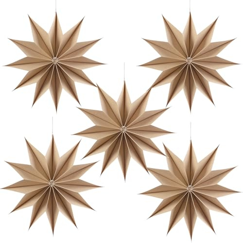 SUNBEAUTY Lot de 5 étoiles en papier de 30 cm - Couleur bois originale - Décoration de Noël - 9 branches - Décoration de fête - Décoration de table pour mariage, anniversaire