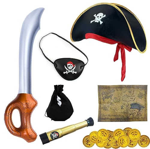 Piratenkostüm Kinder Piraten Kostüm Zubehör Bestehend aus Säbel, Augenklappe Pirat, Piratenhut, Münzbeutel, Fernrohr, 20 Goldenen Münzen Pirat Kostüm für Karneval Piraten Party Halloween Kostüm Kinder