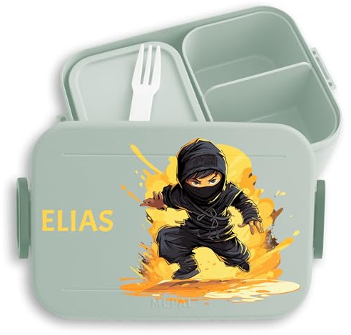 Kinder Bento Box Midi Lunchbox für Mepal Bentobox - Ninja Schattenkrieger Kampfstil - 900 ml - Sage Grün - jausenbox junge schule brotbox brotdose schwarz vesperbox personalisierte brotzeitbox