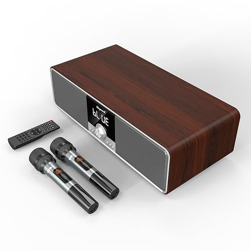 Karaoke Machine with 2 UHF Mic Subwoofer Home Theater Audio Sound Bar Support Optical/Bluetooth/AUX/USB/PC Wooden Karaoke Singing Machine for TV, Home, Karaoke, Singing Party, Christmas (S-73)