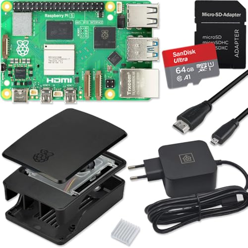 Raspberry Pi 5 4GB Starter-Kit/USB-C 27W Netzteil/Gehäuse mit Lüfter / 64GB SD Karte/Micro HDMI Kabel/Schwarz