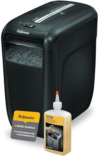 Fellowes Aktenvernichter 60CS Premium Bundle mit Öl, Papierschredder, 12-Blatt-Partikelschnitt, Aktenvernichter P4, Schredder für Büro und Homeoffice, 19L Papierkorb, verarbeitet Kreditkarten, Schwarz