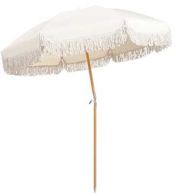 ELZEM Weiß Gartenschirm Groß Mit Quasten 180cm Strandschirm Uv Schutz Sonnenschirm Balkon Neigbar Marktschirm Wasserdicht Balkonschirm Mit Tragetasche Für Balkon Garten Terrasse Strand/8 Rippen