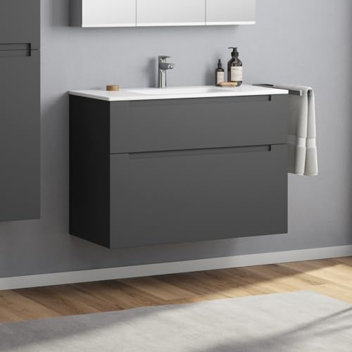 Zentrobad Premium Waschbecken mit Unterschrank matt lackiert 100 cm Waschtisch Badmöbel Badezimmer Schrank Badschrank mit Zwei Schubladen (Anthrazit matt)