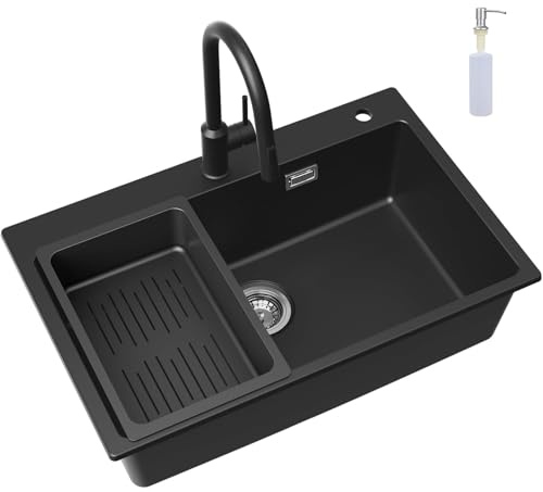 CECIPA Lavello Cucina Nero con Arco Alto Rubinetto Estraibile, 70 x 45 cm Lavandino Cucina 1 vasca in Granit con Dispenser Sapone e Cestello Scarico, Incasso al mobile 80cm, con Sifone