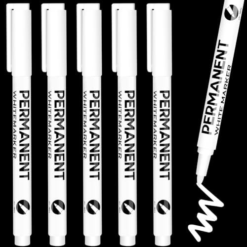 SEPVEL Permanent Marker Pens, 5 Pcs Fine Tip White Marker Pens Waterproof and Quick Drying Fabric Pen Permanent for Clothes, Stones, Rock Painting, Ceramic, Glass, Wood, Metal, Canvas, Tire Pen