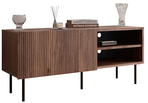 Mirjan24 TV-Lowboard Trigev 150 2D mit 2 Türen (Nuss Warmia) | Griffloses TV-Board mit geriffelten Fronten, Kabeldurchführungen, Soft-Close-System und schwarzen Stahlfüßen