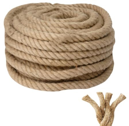 LDXDRU Cuerda de yute natural de 20 mm, cuerda de cáñamo gruesa trenzada de 15 m, cuerda de yute resistente de 4 hebras para terrazas, jardinería, agrupación, camping, decoración, navegación