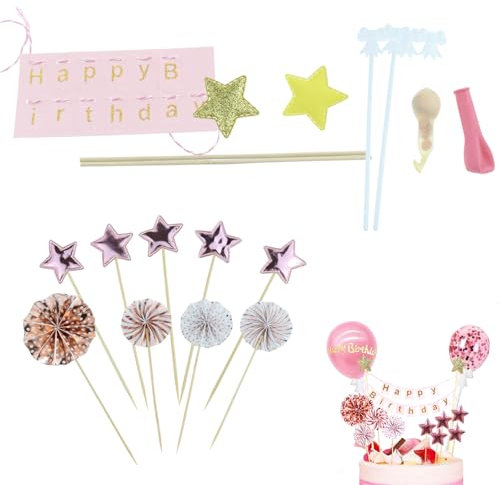12 Stück Tortendeko Rosegold, Rosa Gold Kuchendeko Geburtstag Mädchen, Glitter Cake Topper Kuchen Deko, Topper Tortendekoration mit Konfetti Luftballons, Sterne, Papierfächer, Cupcake