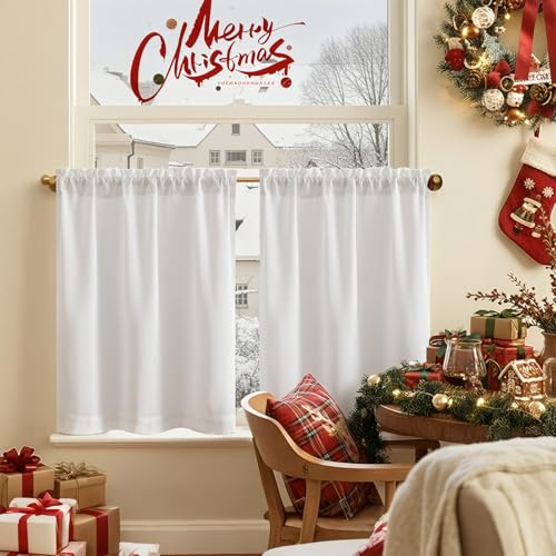 TOPICK Scheibengardinen Bistrogardine Küche H 60 x B 65 (cm) 2er Set Küchengardinen Fenstergardinen Leinenoptik Kurz für Wohnzimmer Schlafzimmer modern Blickdicht Vorhänge Lichtdurchlässig Weiß