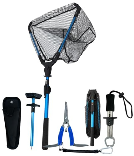 ZenMaarket 92cm Faltbares Gummierter kescher Angeln mit 17 cm Angelgreifer & Lippengreifer | Angelausrüstung mit rutschfestem Griff, Wabenstruktur & EIN-klick-Faltung