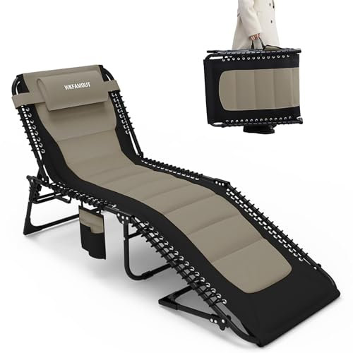 WKFAMOUT Übergroß Sonnenliege Klappbar Gartenliege 5 Verstellbarer Rückenlehne Outdoor Faltbar XXL Dreibeinliege Strandliege Campingbett bis 150KG mit Kissen Seitentasche 200x68CM Khaki