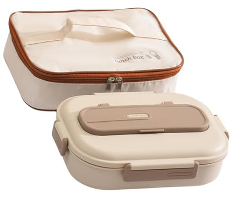 Lunch Box con Bolsa Térmica de Transporte. 4 compartimentos + bowl con cierre hermético - Incluye Cubiertos - Ideal para Trabajo y Excursiones - Colores Marrón y Crema (Crema)