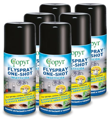 Copyr FlySpray OneShot - Insetticida Aerosol contro Mosche Scarafaggi Formiche Pulci Zecche, Insetti delle Derrate, 150ml x 6 Pz - con Piretrine Pure, Azione Abbattente a Svuotamento Totale
