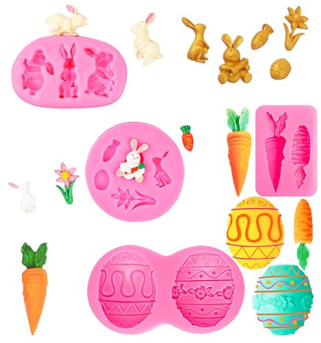 4 Stück Ostern Hase Silikonformen Gießformen, 3D Kaninchen Gießform Ostern, Silikonformen Hase Karotte Ostern, Kaninchen Rettich Ei und Blume Form, für Machen Schokolade, Kekse, Handgefertigte Seife