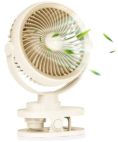 Clip on Fan for Bed USB Silent, Desk Fan Quiet for Bedroom, Air Cooler Portable with LED Night Light, USB Table Fans Powerful 360° Rotate, Pushchairs Stroller Crib Bed Spin Bike Car Seat Gym (Beige)