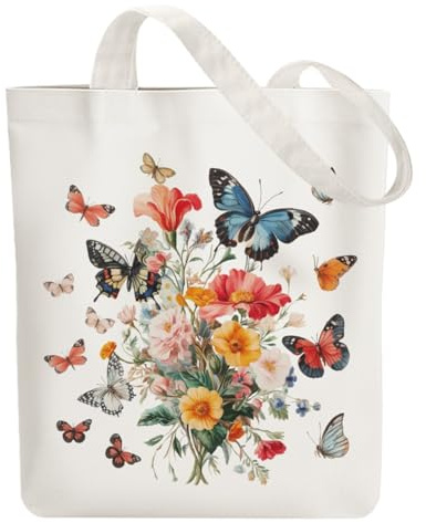 ANATTASOUL Borsa di Tela Shopper Donna Canvas Tote Bag Aesthetic Borse in Tela Cotone Borse Stoffa per la Scuola Lavoro Shopping Riutilizzabili Spesa（Bouquet Farfalla）