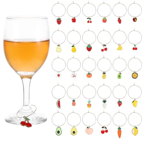 Qiimenguer 30 Glas Markierung Trinkgläser, Wiederverwendbare Weinglas Charms Ringe, Wine Glass Dekorationen für Partydekorationen, Sektglas Anhänger für Zuhause (Farbe Obst-Stil)