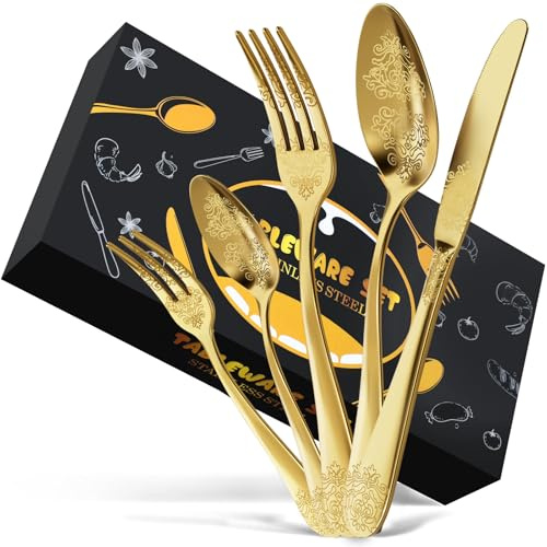 DRAGON RIOT Cubiertos Acero Inoxidable 40 Piezas, Juego de Cubiertos Dorada 8 Personas, Cuberteria Tiene Cuchillos, Tenedores, Cucharas, para Familias, Restaurantes, Fiestas