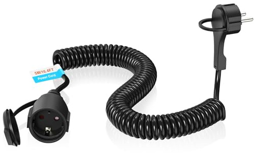 HITRENDS Cavo di prolunga a spirale, 5 m, contatto di protezione, cavo a spirale, estensibile fino a 5 m, IP44, cavo a spirale, 3 x 1,0 mm², con spina Schuko extra piatto, nero (250 V/16 A)