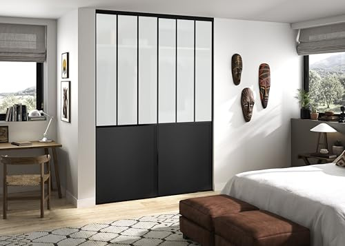 OPTIMUM Pack 2 Vantaux Porte Placard Atelier Noir Verre dépoli – Style Industriel – Portes Coulissantes Intérieures Modernes – Plusieurs Dimensions (Noir, 180x250 cm)