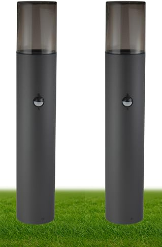 JungesLicht - 2x Pollerleuchte mit Bewegungsmelder, E27 Fassung, 50cm x 8,8cm, Rauchglas-Optik, Anthrazit, Moderne Wegeleuchte, Außenleuchte 230V, Standleuchte, nur LED geeignet, (Lieferung ohne LED)