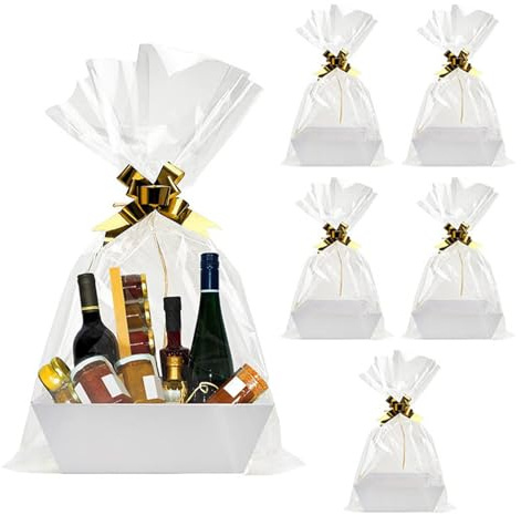 Tilizan Lot de 5 Panier Cadeau en Carton Vide, Blanc Corbeilles de Présentation Vides, avec Poignées, avec Sac Cadeau Transparent et Ruban, pour Paquets Cadeaux Personnalisés, Anniversaires, Festival