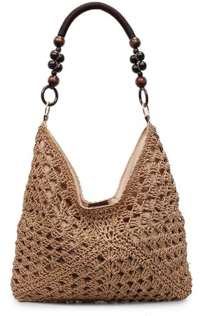 Generisch Handgewebte Damen Stroh Umhängetasche mit Magnetverschluss - Große Vintage Boho Geflochtene Strandtasche aus Bast, Schultertasche für Sommer, Reisen, Einkaufen und Urlaub(Braun,Braun)