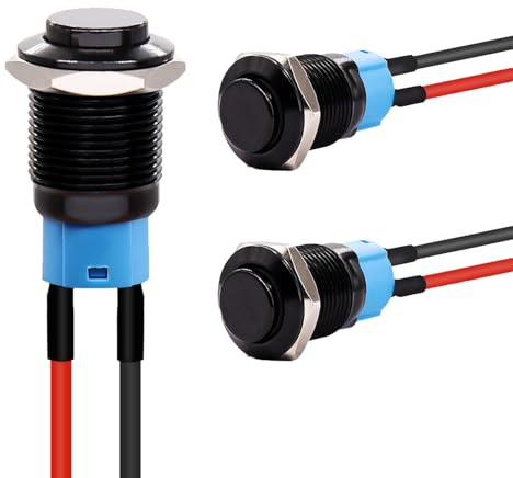 Powice 3X 12MM Wasserdicht Schalter Mit 20cm Kabel,Druckschalter,Selbstsichernder Taster Schalter1A/6V/12V/24V Geeignet für Hupen, Autoklingeln, Autos usw Mit Draht (überstehend) Schwarz