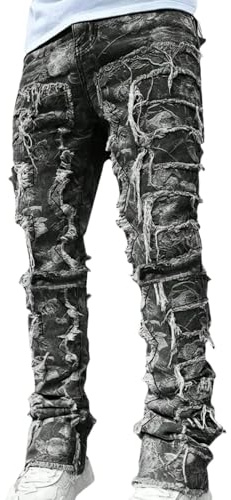 Stacked Jeans Men Skinny Ripped Jeans Slim Fit Denim Pants Y2K Goth Harajuku Emo Jeans Trouser, Black#i, Large