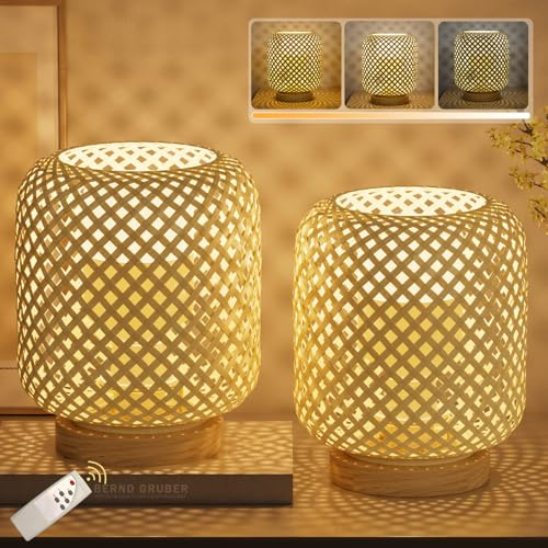 Klighten 2pcs Tischlampe Dimmbar Rattan, Bambus und Holz Tischleuchte Kabellose Mit Akku, Tischleuchten mit Batterie Mit Fernbedienung, 5500mAh, 7W, 3 Farbtemperatur 3000K-6000K, mit Leuchtmittel