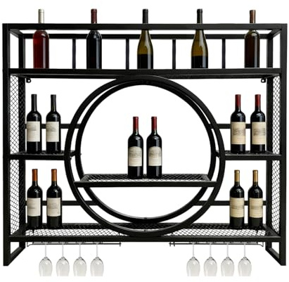 Wall Wine Rack Floating Bar Shelves Mounted,100CM Mounted Modern Metal Hanging Racks Shelf with Hanging Wine Glass Rack, Multifunctional Round Holder Cabinet, for Home Restaurant Decoration Black