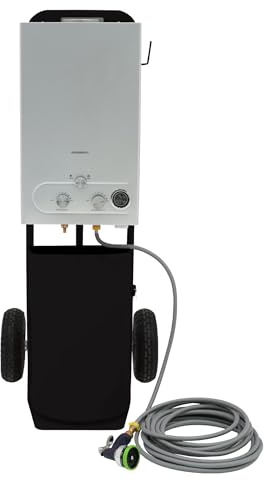 Portable Horse Shower With Steel Trolley Black 18L Tankless Instant Hot Water Gas Boiler LPG Heater 10m Water Hose & 9-Pattern Spray Gun Camping Outdoor 10 Tyres Storage Tray Side Hook & Accessories