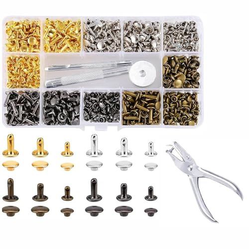GETRICH Nieten für leder, 360 Set Leder Nieten, Doppelkappennieten 3 Größen | Ledernieten mit 3 Stück Fixierung Werkzeug Hohlnieten Metallnieten Set Doppelkappe Nieten Set für Kleidung DIY Lederhandwerk