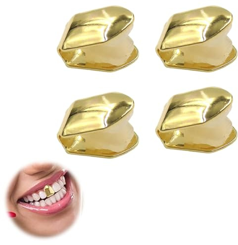 BEPSYOM 4 Stück Halloween Zähne Grills, Hip Hop Grillz Zähne, Mouth Gold Clip, Hip-Hop-Zähne, Musikfestivalpartys, Hip-Hop-Rapper, Dekorationen (Gold)