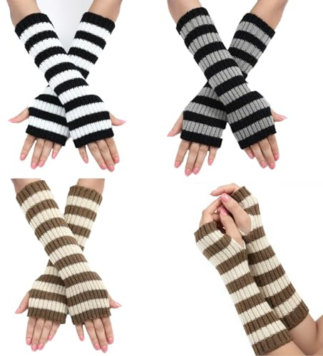 Wnzdp 3 Pairs Striped Arm Warmers, Long Fingerless Gloves, Wrist Warmers for Women, Knitted Arm Warmers (Black White, Black Gray, Beige Cream)