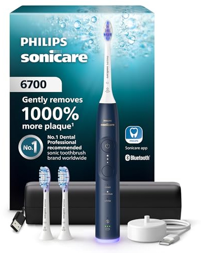 Philips Sonicare 6700 Series Electric Toothbrush - Next-Generation Sonicare Technology, Pressure Sensor, 9 Brushing Settings, SmarTimer, 21-Day Runtime, Travel Case, Navy Blue, HX7413/05