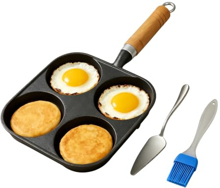 Cast Iron 4-Cup Egg Pan Skillet, Small Omelette Pan, Family Breakfast Pan for Eggs, Pancakes, Sandwich & Bruger, Suitable for Gas Stove and Induction Cooktop, Natural Nonstick with Seasoning, 7.5 inch