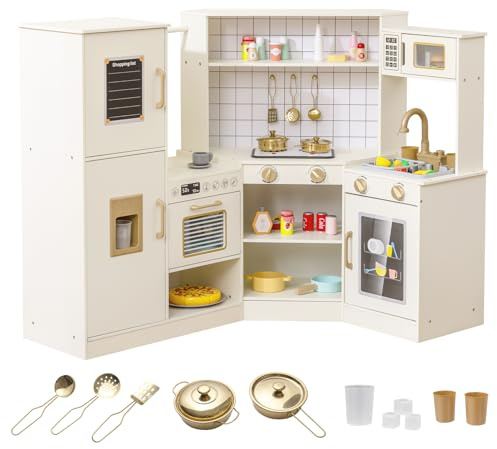 COSTWAY Kids Corner Play Kitchen, Wooden Pretend Toy Kitchen with Ice Dispenser, Stoves, Oven, Microwave, Dishwasher, Water Circulation Faucet & Utensils, Children's Chef Role Play Set for Boys Girls