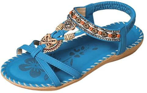 sandals women comfortable flat sandals fashion sandals women boho open toe shoes rhinestone nude outdoor beach mats non slip nude large, blue, 8 UK