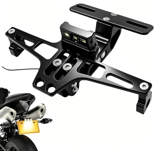 Portamatriculas Moto, Soporte de Placa de Matrícula Moto Universal con Luz de Matrícula Montaje Universal de Aleación de Aluminio CNC Porta Matriculas Moto para Mayoría de los Modelos de Motocicleta